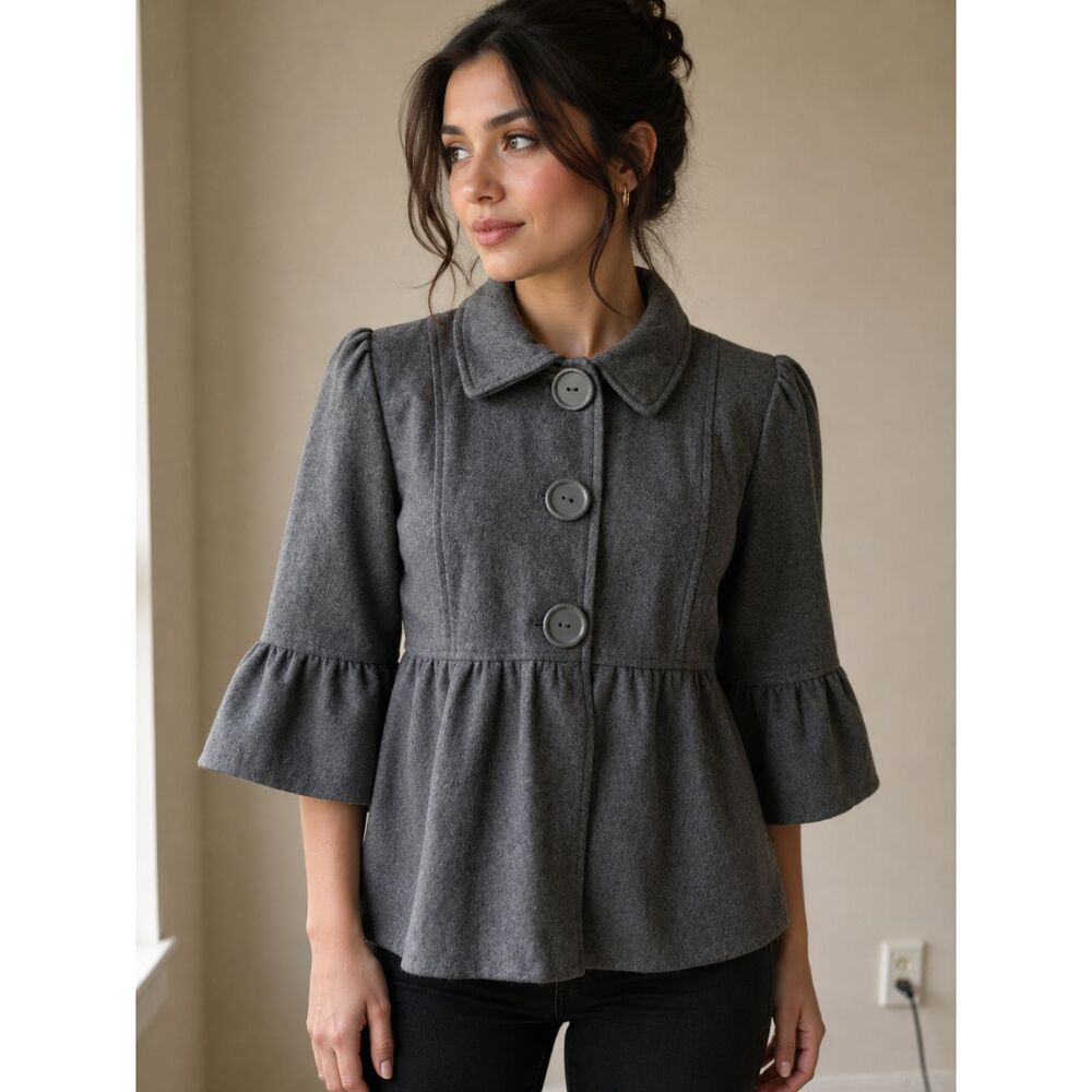 Paris Blues Vintage Gray Wool Peplum Coat Button Front Ruffle Sleeve Jacket Med